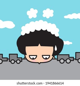 Exhausted Girl Stuck In The Middle Of Road. Fatigued Woman Stuck In Car Traffic Jam Concept Card Character illustration