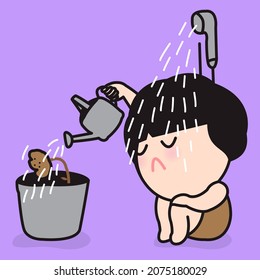 Exhausted Girl Watering Withered Flower In A Pot While Showering Herself Under Falling Water Concept Card Character illustration