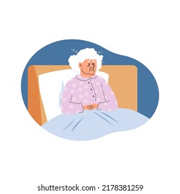 Exhausted Grandma In Pajamas Sitting In Bed Flat Style, Vector Illustration Isolated On White Background. Insomnia, Elderly Gray-haired Character, Night Time