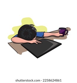 exhausted hard work, laptop, coffee, fall a sleep on the desk during work