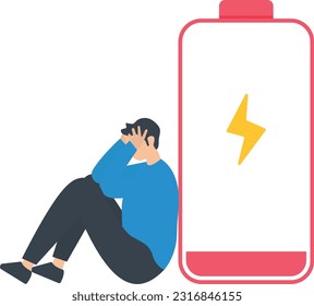 Exhausted from hard work, Stressed from unhealthy work, Work depression, Motivation concept, tired businessman stand, low battery sign

