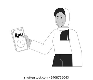 Ausgezogene Hijab Frau, die Zeit auf Handy schwarz-weiß 2D Linie Cartoon Charakter überprüfen. Insomniakmuslime weiblich einzelne Vektorgrafik Person. Spätmonochromatische Flache-Illustration