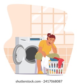 Exhausted Housewife Character, Burdened By Relentless Laundry And Housework, Wearily Navigates Through The Never-ending Chores, Yearning For A Moment Of Respite. Cartoon People Vector Illustration