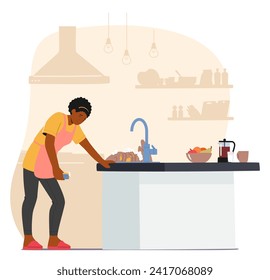Exhausted Housewife In A Cluttered Kitchen, Surrounded By Chores. Fatigued From Endless Housework, Female Character Navigates A Sea Of Dishes, Embodying The Weariness Of Domestic Responsibilities
