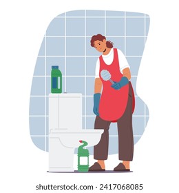 Exhausted Housewife Scrubs The Toilet, Wearied By Relentless Housework. Fatigue Etched On Her Face, She Persists, Embodying Unseen Struggles Of Domestic Responsibilities. Cartoon Vector Illustration