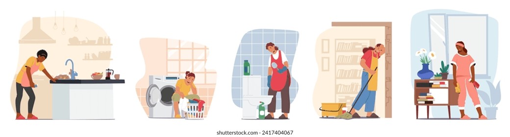 Exhausted Housewives, Burdened By Endless Chores, Battle Fatigue While Tackling Domestic Tasks. Wearied But Resilient, they Strives To Maintain A Semblance Of Order In Demanding Routine, Vector Set