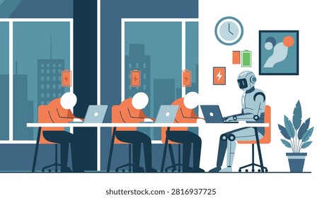 Exhausted human office workers with low battery icons slouching next to an energetic robot employee working tirelessly.