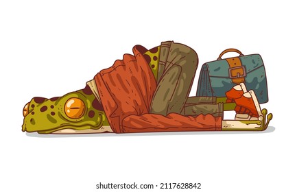 Exhausted humanized frog after a workday, vector illustration. Tired anthropomorphic frog, lying powerless on the ground, with his briefcase nearby. An animal character with a human body