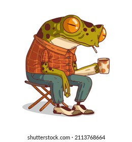 Exhausted humanized frog, vector illustration. Tired anthropomorphic frog, sitting on folding chair, smoking a cigarette, and holding a mug of tea or coffee. An animal character with a human body