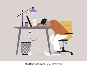 An exhausted individual rests their head on a desk in an overcrowded office, surrounded by crumpled tissues, a coffee cup, and a water bottle, embodying the struggle of long hours at work