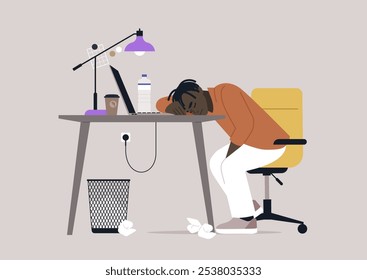 An exhausted individual rests their head on a desk in an overcrowded office, surrounded by crumpled tissues, a coffee cup, and a water bottle, embodying the struggle of long hours at work