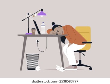 An exhausted individual rests their head on a desk in an overcrowded office, surrounded by crumpled tissues, a coffee cup, and a water bottle, embodying the struggle of long hours at work