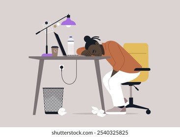 An exhausted individual rests their head on a desk in an overcrowded office, surrounded by crumpled tissues, a coffee cup, and a water bottle, embodying the struggle of long hours at work