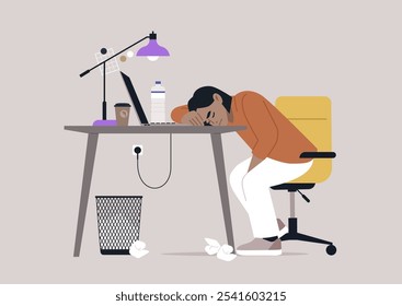 An exhausted individual rests their head on a desk in an overcrowded office, surrounded by crumpled tissues, a coffee cup, and a water bottle, embodying the struggle of long hours at work