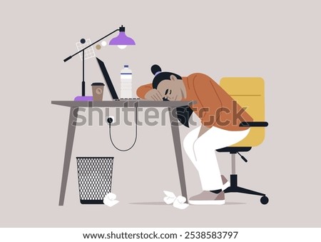 An exhausted individual rests their head on a desk in an overcrowded office, surrounded by crumpled tissues, a coffee cup, and a water bottle, embodying the struggle of long hours at work