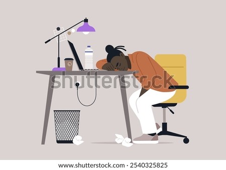 An exhausted individual rests their head on a desk in an overcrowded office, surrounded by crumpled tissues, a coffee cup, and a water bottle, embodying the struggle of long hours at work