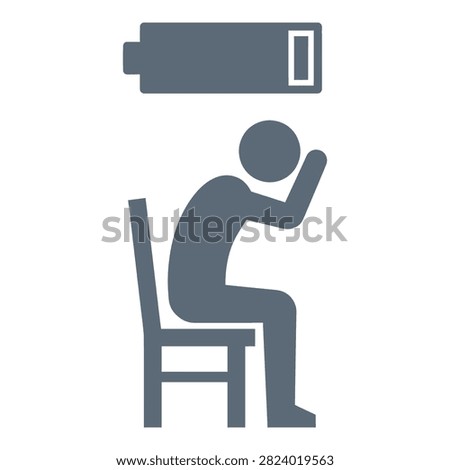 Exhausted individual slumped on chair with drained battery icon hovering overhead, symbolizing fatigue