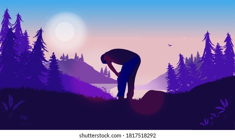 Exhausted jogger - Out of shape man catching his breath while exercising outdoors in open landscape. Getting in shape, working out and exercise concept. Vector illustration.