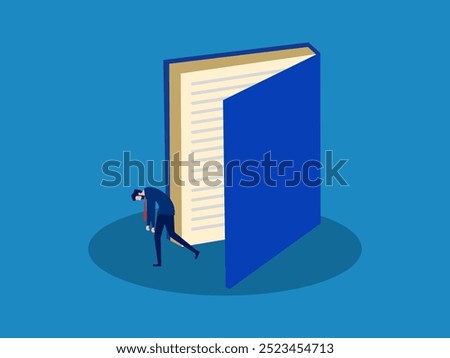 Exhausted from learning. Businessman walking out of a large open book door