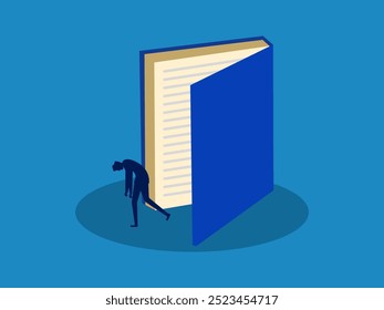 Exhausted from learning. man walking out of a large open book door