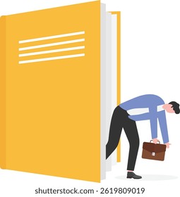 Exhausted from learning. man walking out of a large open book door. Vector

