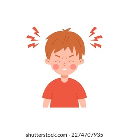 Exhausted little boy in red t-shirt having headache flu symptom flat style, vector illustration isolated on white background. Disease, sickness child, design element