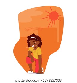 Exhausted Little Character Girl Sitting Down On The Ground With Heavy Breath, Experiencing Heatstroke Due To High Summer Temperatures Isolated On White Background. Cartoon People Vector Illustration