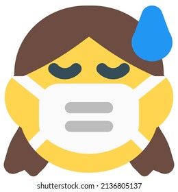 exhausted little girl getting sweat while wearing the face mask