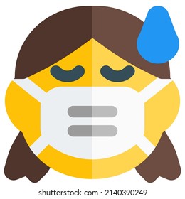 exhausted little girl getting sweat while wearing the face mask