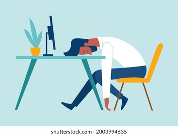 Exhausted male character is having burnout syndrome at work. Sick tired male manager in office sad boring sitting with head down on desk. Mental health problems. Flat cartoon vector illustration