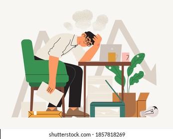 Exhausted male character or office, freelance worker during covid19 crises fighting for his busines. Small business owner, self employed, private entrepreneur facing difficulties or problems. Burnout.