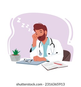 Exhausted Male Doctor Character Resting At His Desk With A Laptop. Tired Man Medic Showcasing The Demanding And Tireless Nature Of The Medical Profession. Cartoon People Vector Illustration