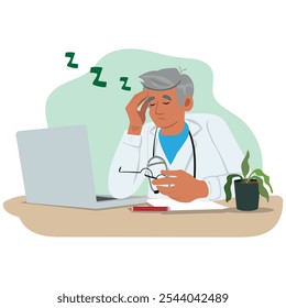 Exhausted Male Doctor Character Resting At His Desk With A Laptop. Tired Man Medic Showcasing The Demanding And Tireless Nature Of The Medical Profession. Vector Illustration.