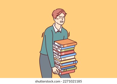 Exhausted man carries large stack of books suffering from overload while preparing for exams. Guy student who wants to go to college or university takes books and literature from library