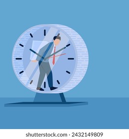 Exhausted man carrying stacks of work papers inside a clock that doesn't stop, illustration for work exhaustion.