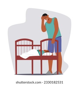 Exhausted Man Character Beside A Wailing Baby In A Crib, Overwhelmed And On The Brink Of Tears, Longing For Some Respite African american Young Father. Cartoon People Vector Illustration