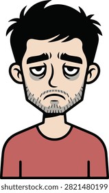 Exhausted Man with Dark Circles and Stubble, Expressive Cartoon Vector Illustration
