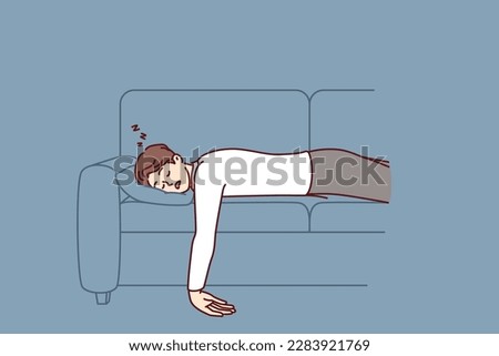 Exhausted man fell asleep lying on comfortable sofa with no energy after hard day at work or long walk with friends. Unmotivated guy fell asleep on couch and naps not wanting to go to work