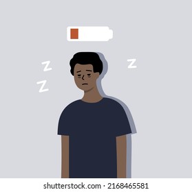 Exhausted man with low battery above head. Sleepy boy with dark circles under eyes. Burnout, mental health, insomnia problem concept. Flat vector design illustration.