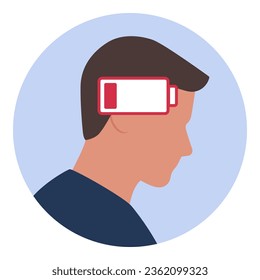 Exhausted man and low charge battery, tiredness and burnout icon