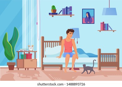 Exhausted man in morning flat vector illustration. Tired man waking up, sitting on bed. Sad, depressed male cartoon character. Unhappy guy, black cat in room. Bedroom interior design