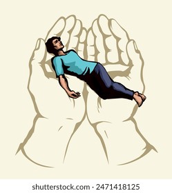 El hombre exhausto en manos de oración. dibujo de Vector
