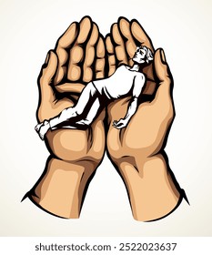 The exhausted man in praying hands. Vector drawing