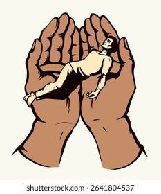 The exhausted man in praying hands. Vector drawing