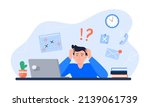 Exhausted man sitting at his workplace with a computer. Freelancer is stressed through a lot of work. Emotional burnout concept. Long working day in the office. Vector colorful flat illustration.