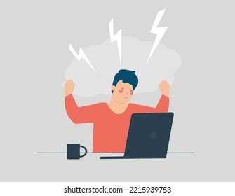 Exhausted man sitting at his workplace with a laptop. Stressed freelancer has a lot of work after a long working day. Illustration of E-learning, work pressure. Emotional burnout, breakdown concept