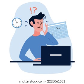 Hombre exhausto sentado en su lugar de trabajo con una computadora. El autónomo se estresa a través de mucho trabajo. Concepto de agotamiento emocional. Larga jornada laboral en la oficina. Ilustración plana de color vector.