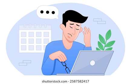 Exhausted man sitting at his workplace with a computer. Freelancer is stressed through a lot of work. Emotional burnout concept. Long working day in the office. Vector colorful flat illustration.