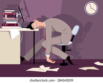 Exhausted Man Sitting In The Office Late At Night, Putting His Head On The Desk, Vector Illustration, ESP 8, No Transparencies