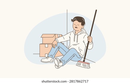Exhausted Man Sitting on Floor Amidst Stacked Unopened Moving Boxes Holding Broom and Drained Vector
